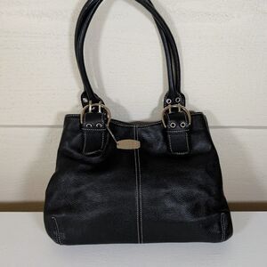 Tignanello Black Pebbled Leather Shoulder Bag - Silver Buckle Accents